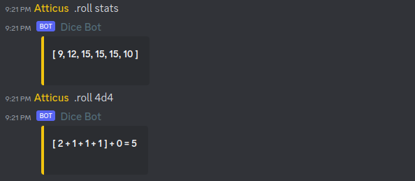 An example of a dice roll command